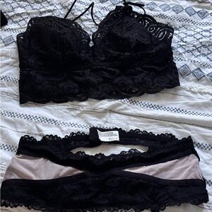Bralette and lace garter belt with adjustable straps